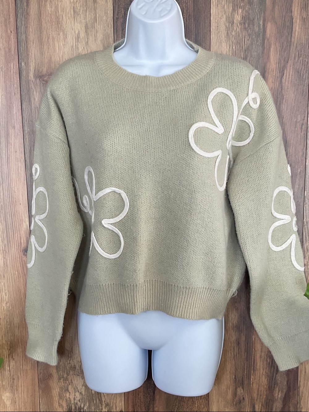 Luna Ivy Sage Green Floral Applique Crewneck Sweater M C321